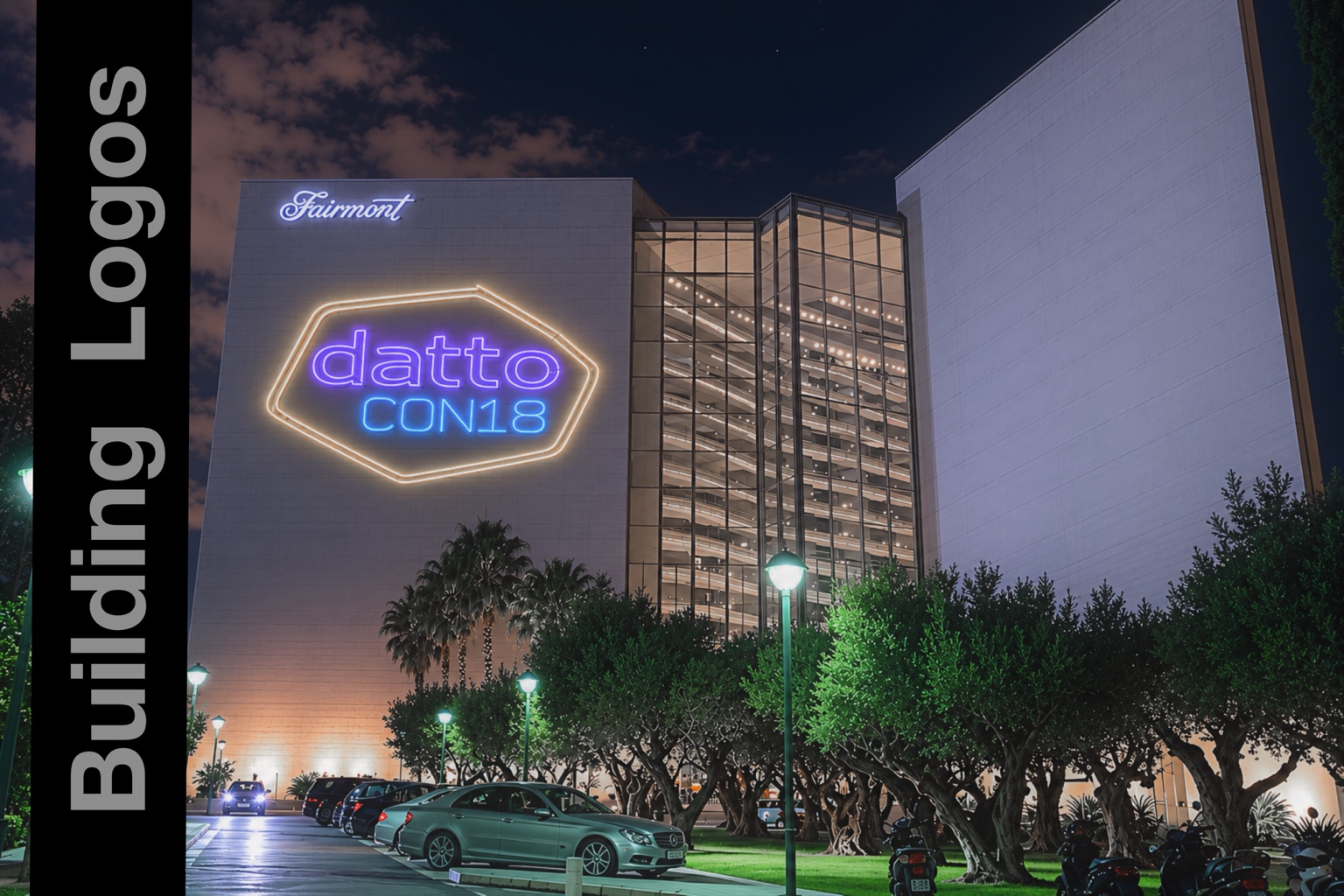 Custom Datto logo displayed on a Fairmont building