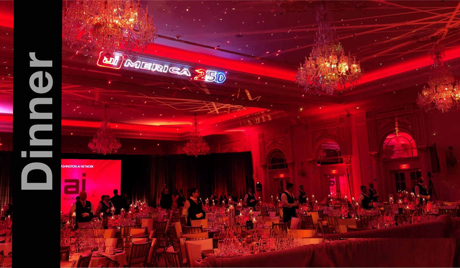 White laser stars across the ceiling above an elegant Washington AI Honors dinner